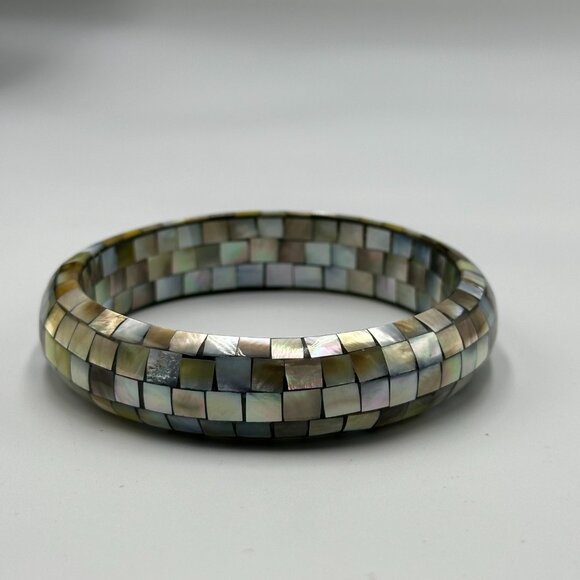 Mother of Pearl Mosaic Bangle Bracelet Iridescent Shell Inlay Square Tile Design - Picture 5 of 8